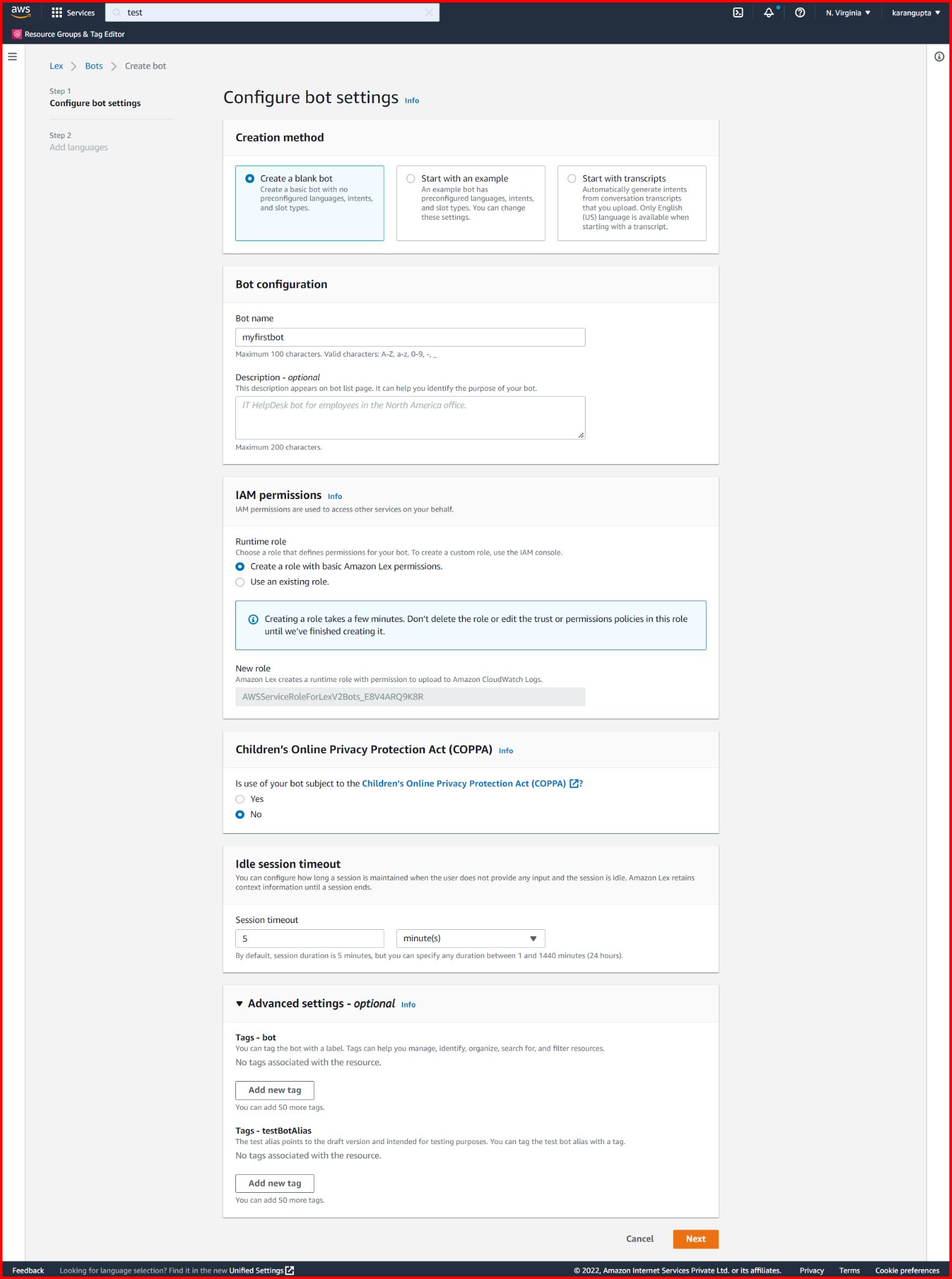 Picture showing the configure bot settings screen while creating the new screen